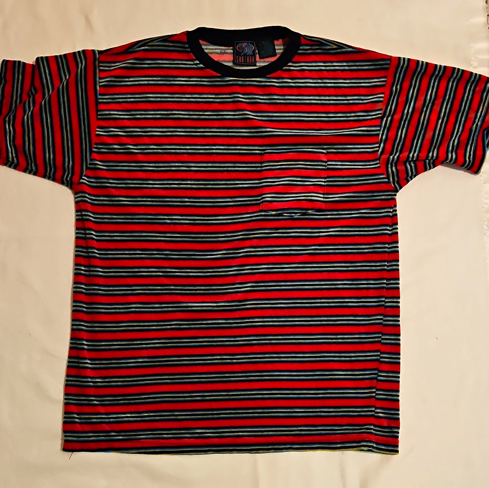 Vintage Santana Striped Shirt Men XL Extra Large Red Blue Knit Toweling Pocket T