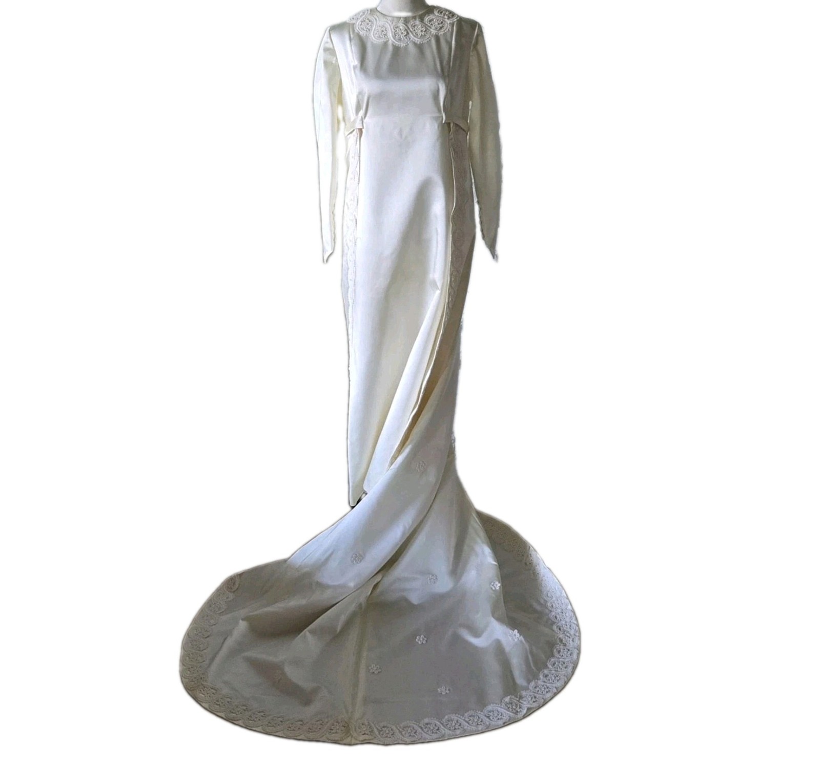 Vtg 60s 70s Wedding Gown, Audrey Hepburn, Ivory, Pearl, Detach. Train, S/M