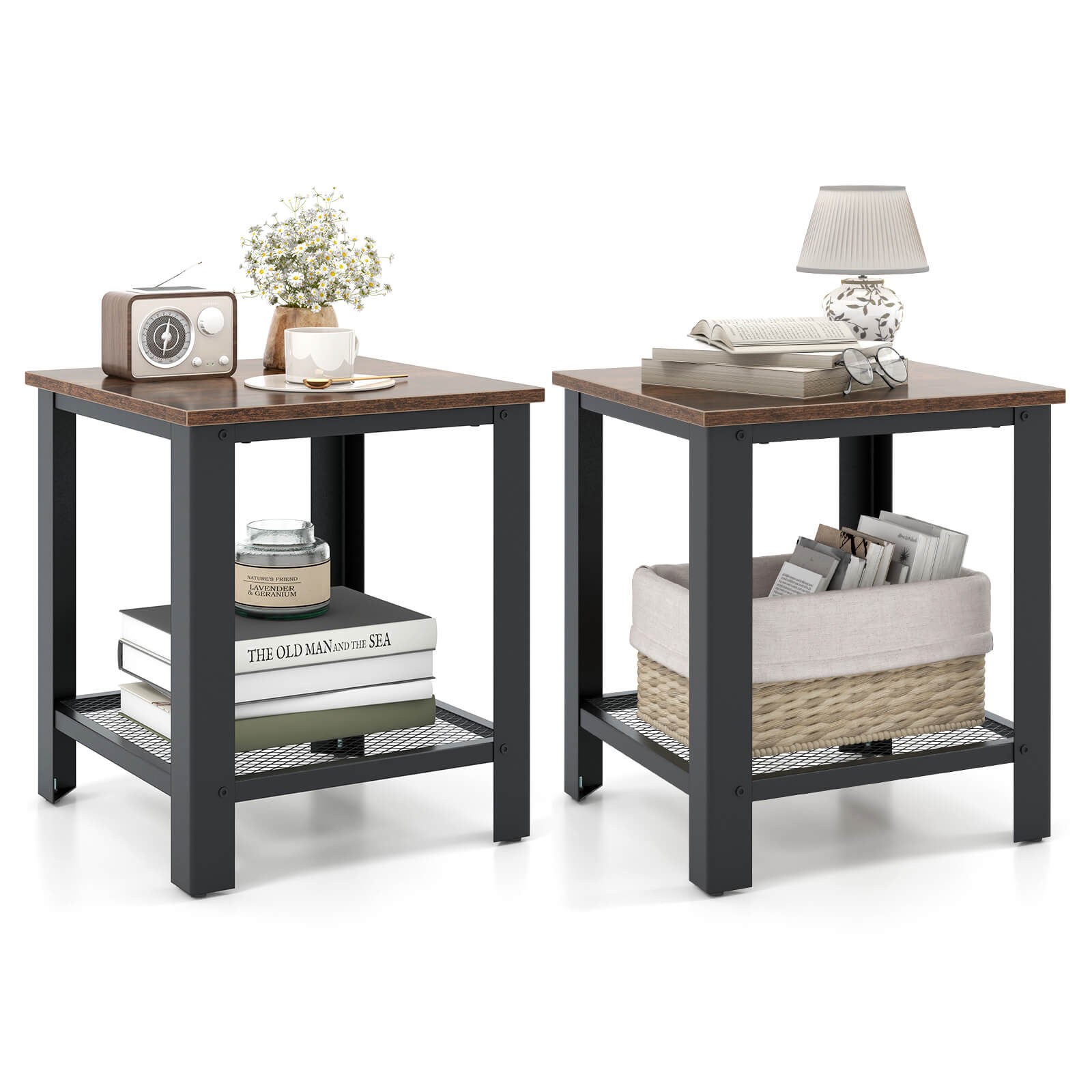 Costway 2 PCS Industrial End Table 2Tier Side Table W/Storage Shelf Sofa Black
