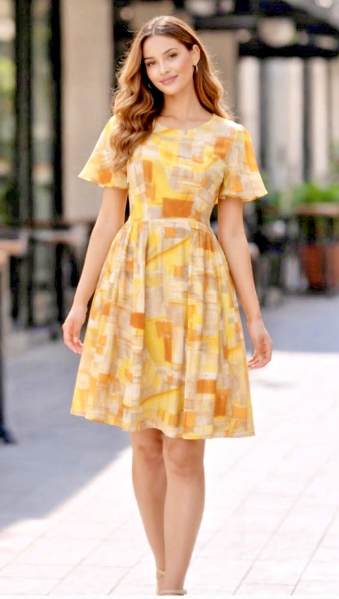 Vtg 60’s MCM Women\'s S Mod Day Dress Abstract Geometric Print Flutter Sleeve EUC
