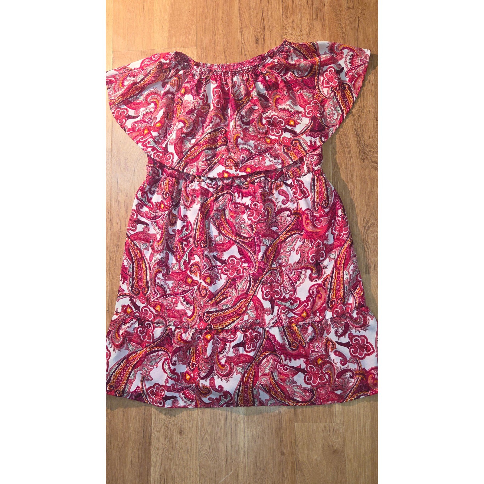 Tantrums Pink Paisley Off Shoulder Ruffle Mini Dress Large Boho Festival Summer