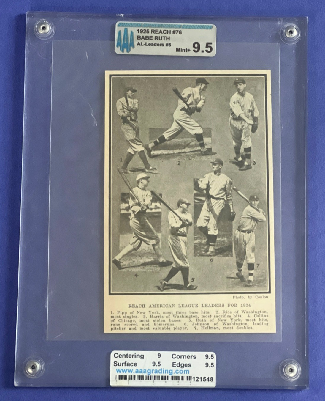 1925 Reach #76 Babe Ruth Leaders #5 Mint AAA 9.5 1925 Reach #76 Babe Ruth Leaders #5 Mint AAA 9.5