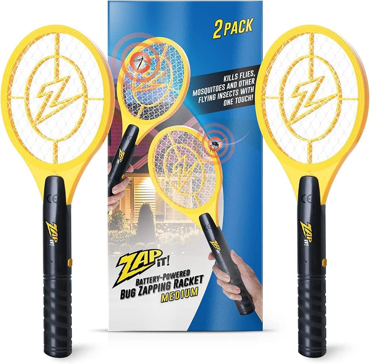 Zap It Battery Powered Bug Zapper Racket Yellow 2-Pack Choose Medium or Large