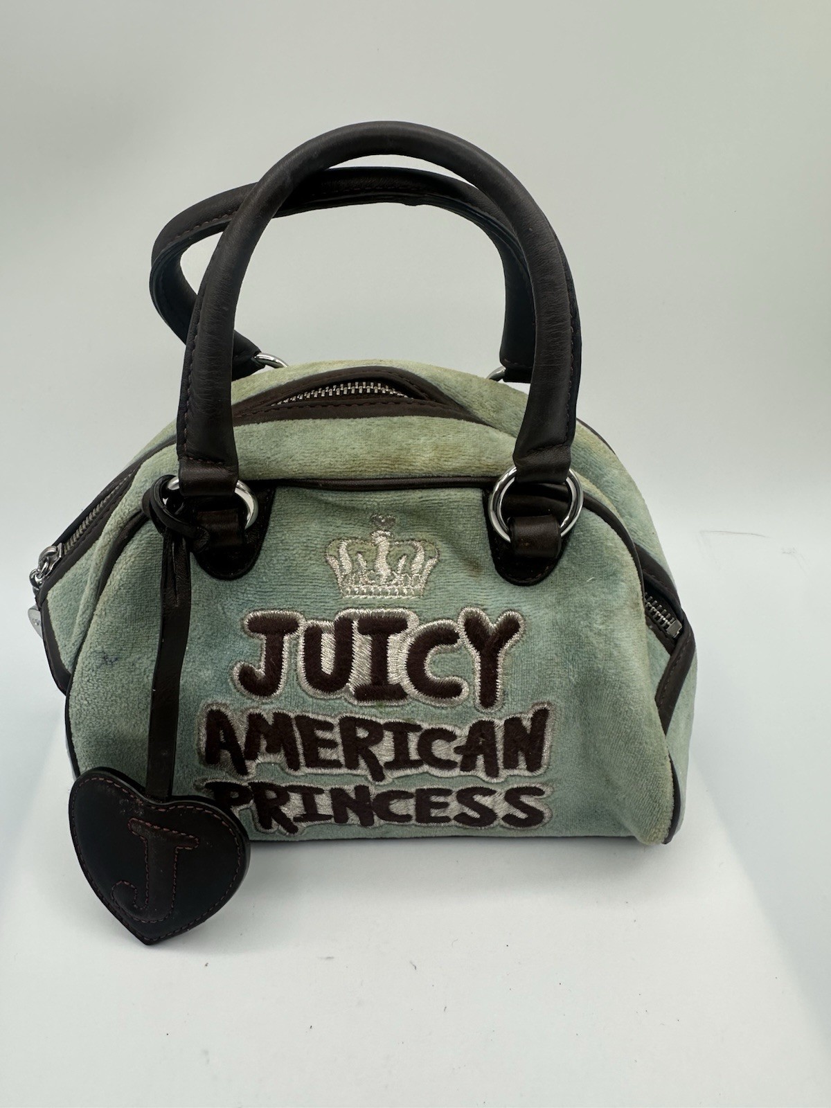 Vtg Juicy Couture Juicy Aqua Velvet Brown Leather American Princess Satchel Bag