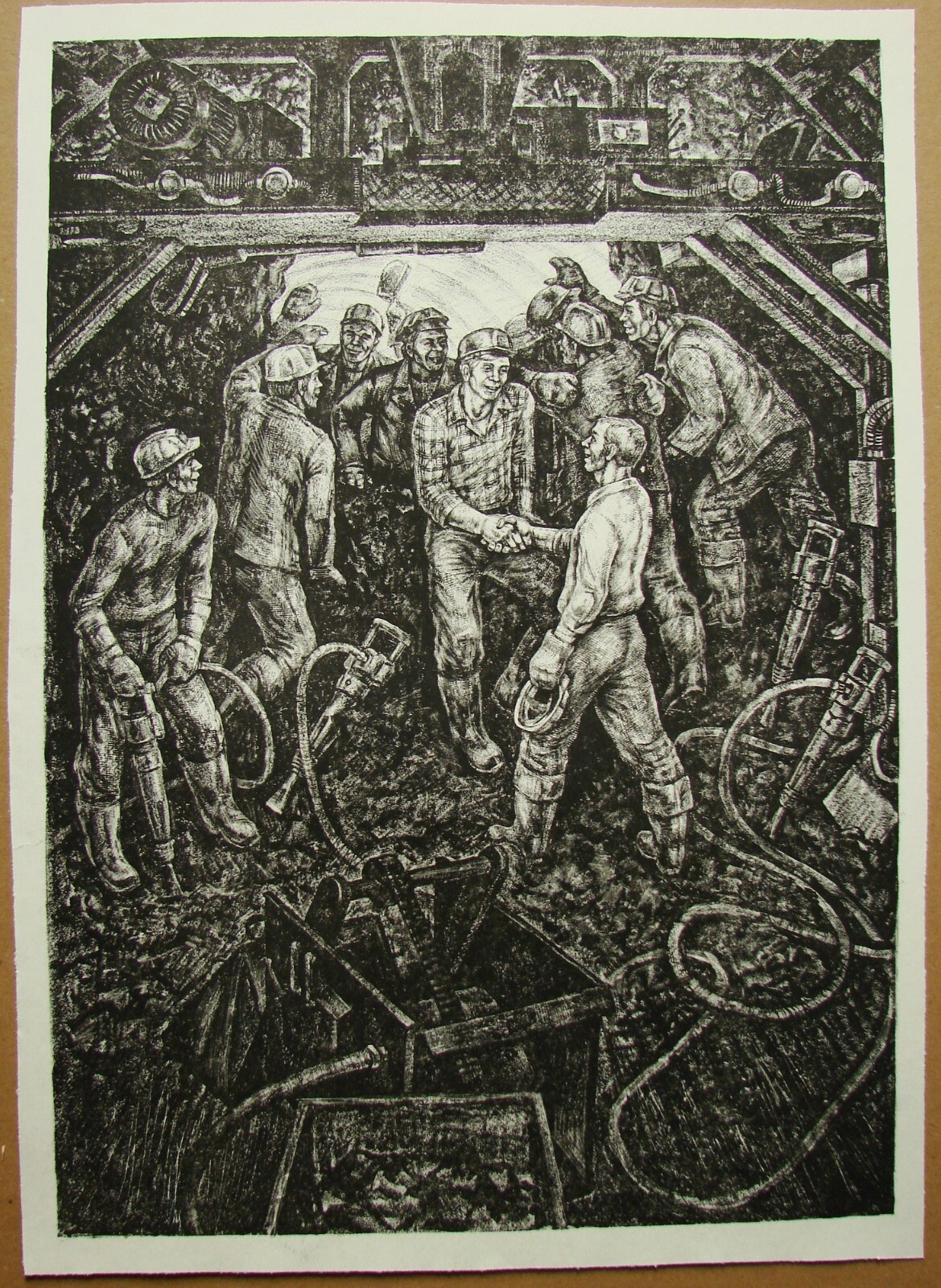 Ukrainian Soviet USSR Lithography realism portrait figure miners working man Ukrainian Soviet USSR Lithography realism portrait figure miners working man