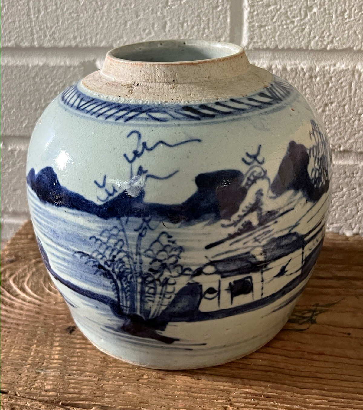 Antique 19th C. Chinese Export Canton Blue & White Ginger Jar Landscape 