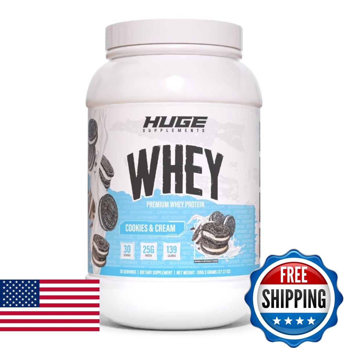 Huge Whey Protein Powder Cookie & Cream 30 Servings 25g Protein