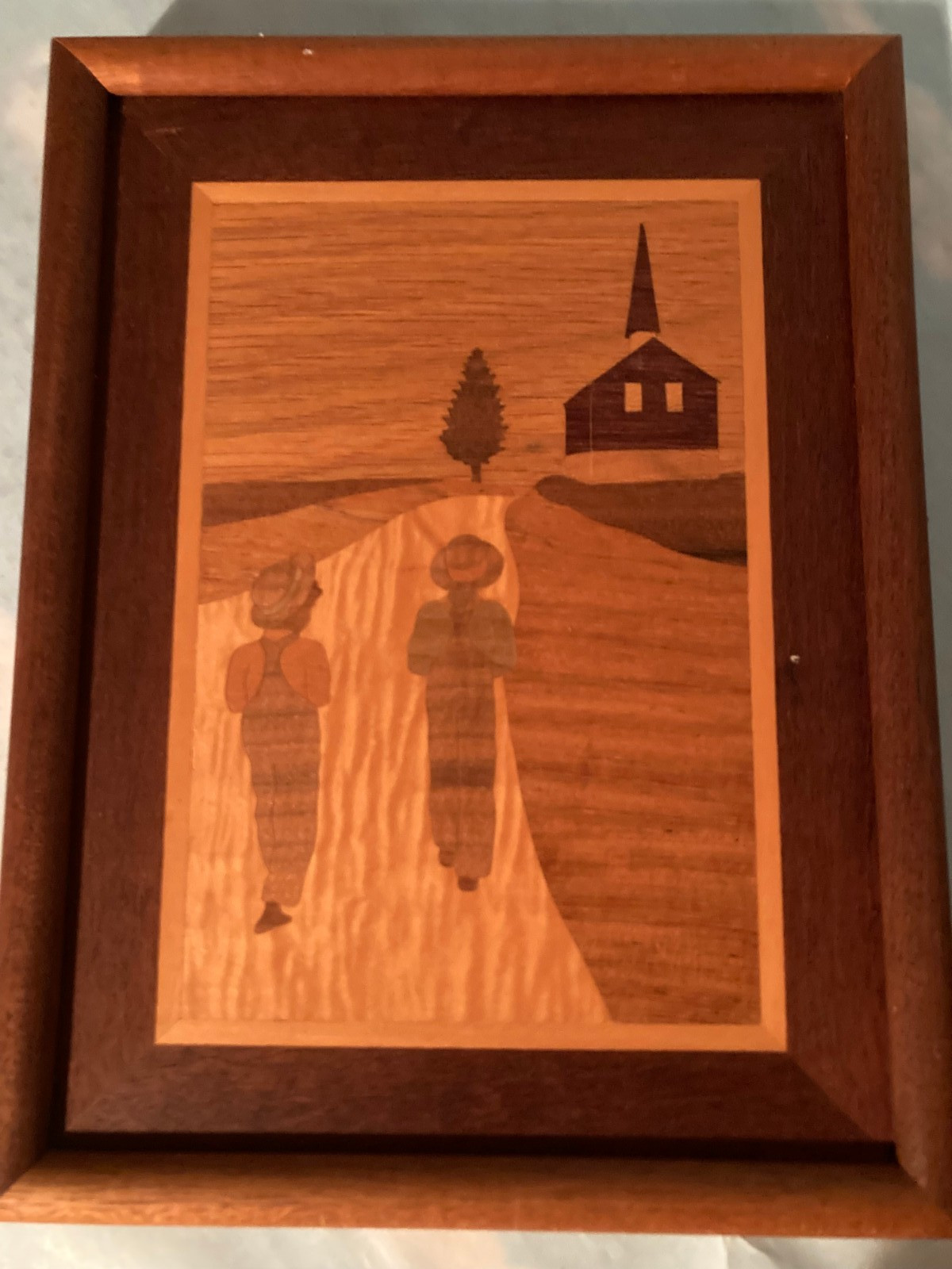 Vintage Wood Inlay Marquetry Art Featuring Two Boys Walking to Chruch-USED