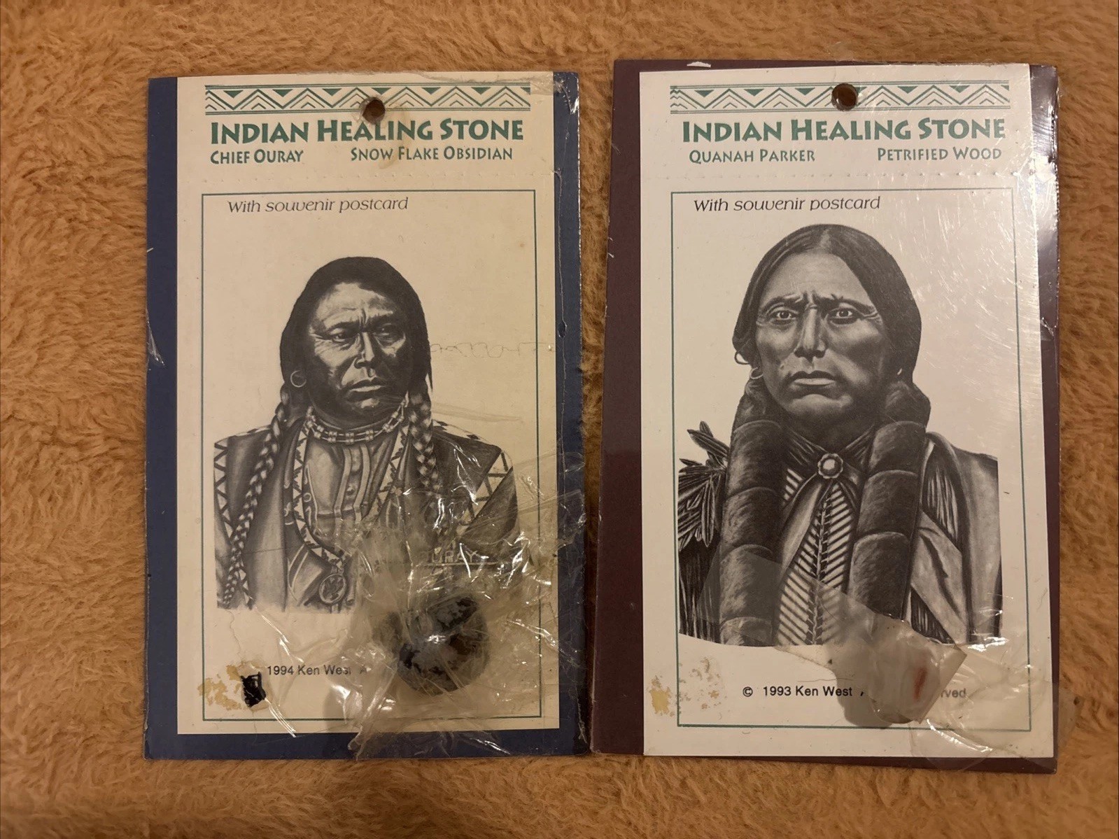 Lot of 2 Vintage 1993/94 Ken West Native American Healing Stone Postcards