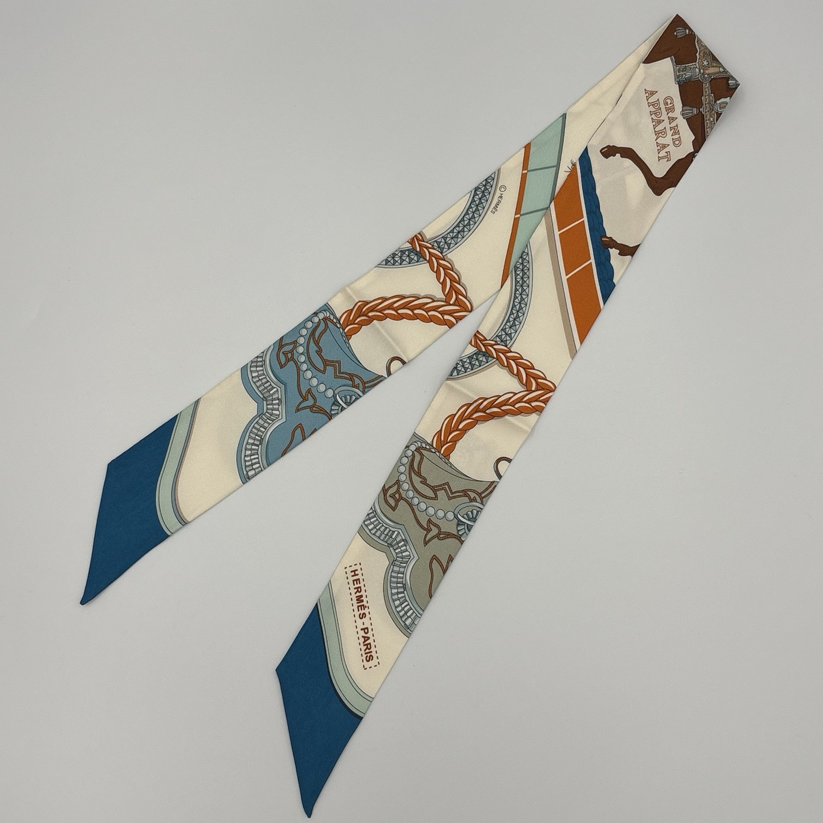 Hermès Twilly Grand Apparat Cream Blue Orange Scarf Ribbon Hair Tie Bag 