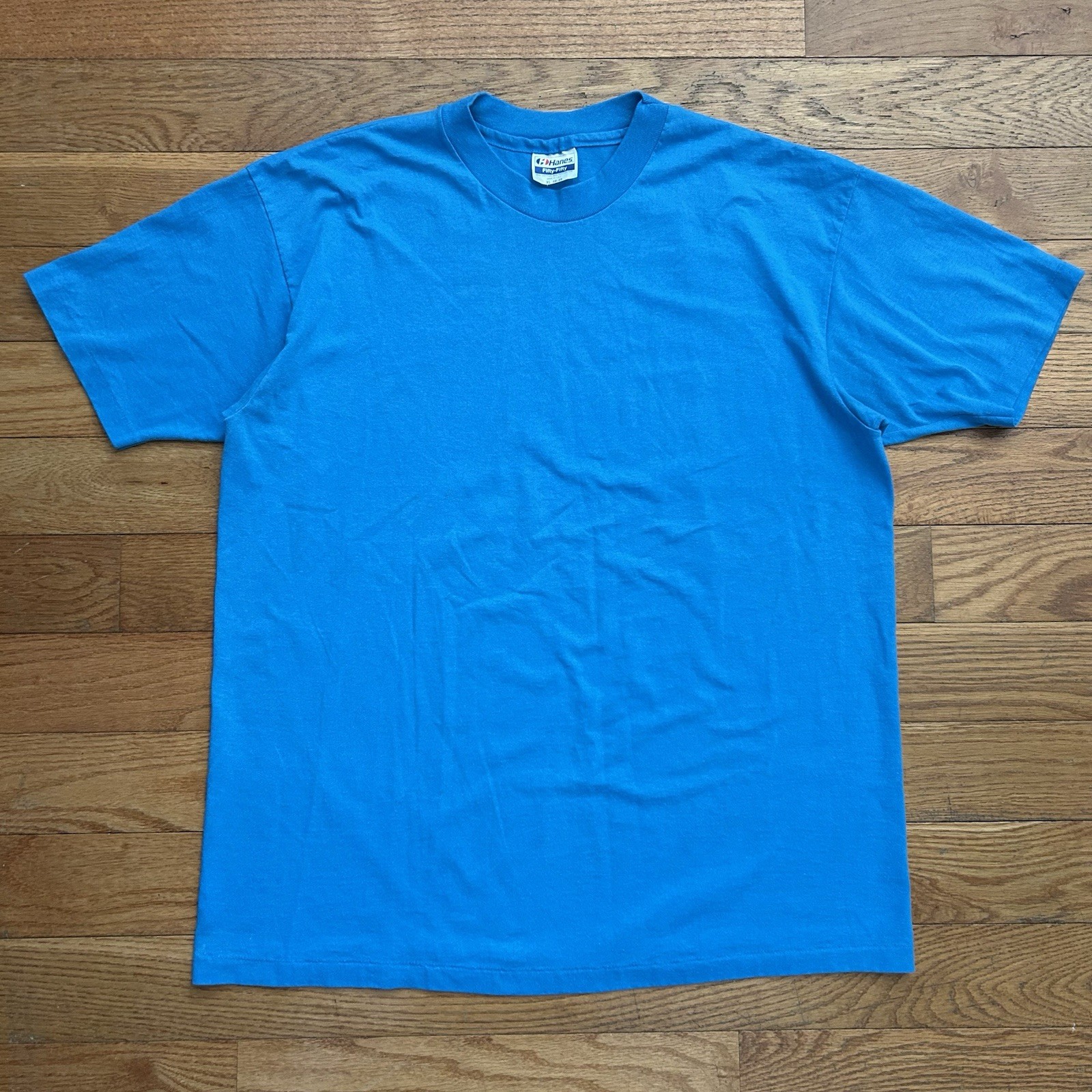 Vintage 80s 90s Hanes Blank Blue Fifty Fifty Single Stitch Tee Shirt XL