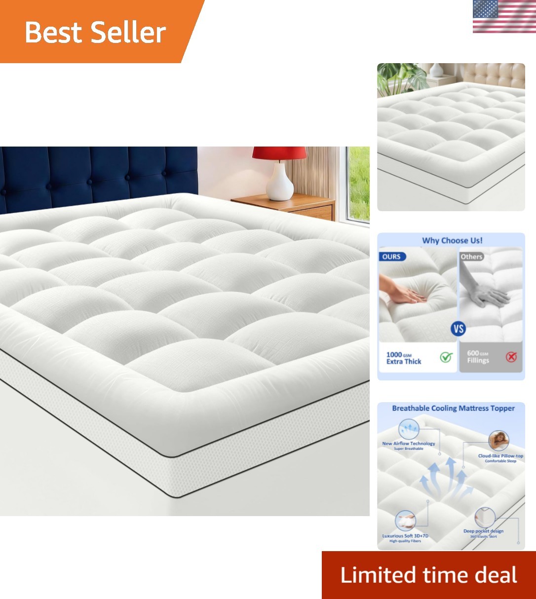 Queen Mattress Topper, Extra Thick Pillow Top Mattress Pad with 1000GSM Down ... Queen Mattress Topper, Extra Thick Pillow Top Mattress Pad with 1000GSM Down ...