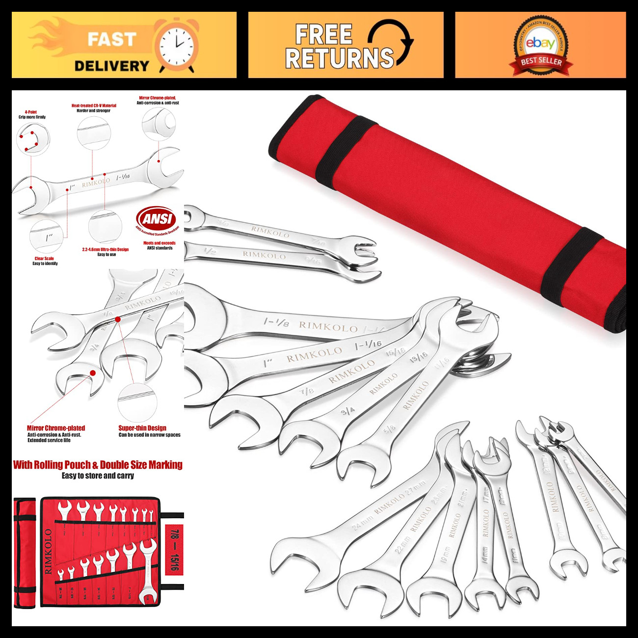 16-Piece Super-Thin Open End Wrench Set, SAE & Metric, Chrome Vanadium Steel, Po