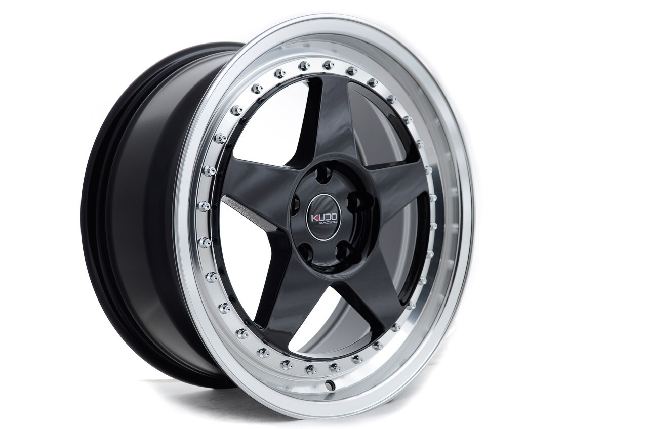 Kudo Racing Wheels Rims 18x8 5x114.3 Black with Polish Lip 20.7 LBS Mazda 3 5 6