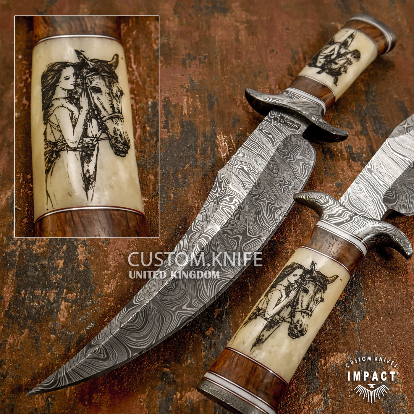 Frontier Heritage Custom Scrimshaw Damascus Bowie Knife 15.40” by Impact Cutlery