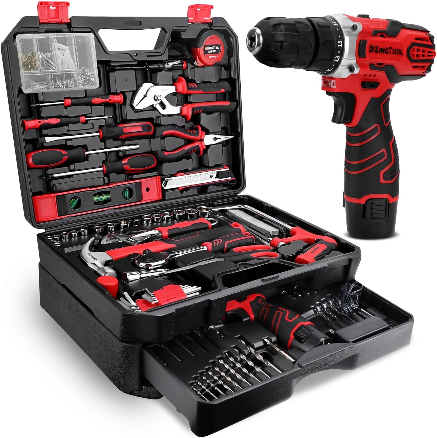 Kingtool 276-Piece Tool Set Kit with 12V Cordless Power Drill (Red Black)
