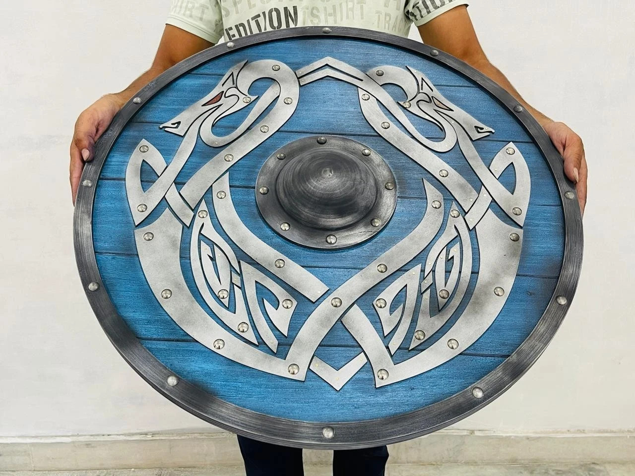 Blue Wooden Viking Round Shield Handcrafted 24\