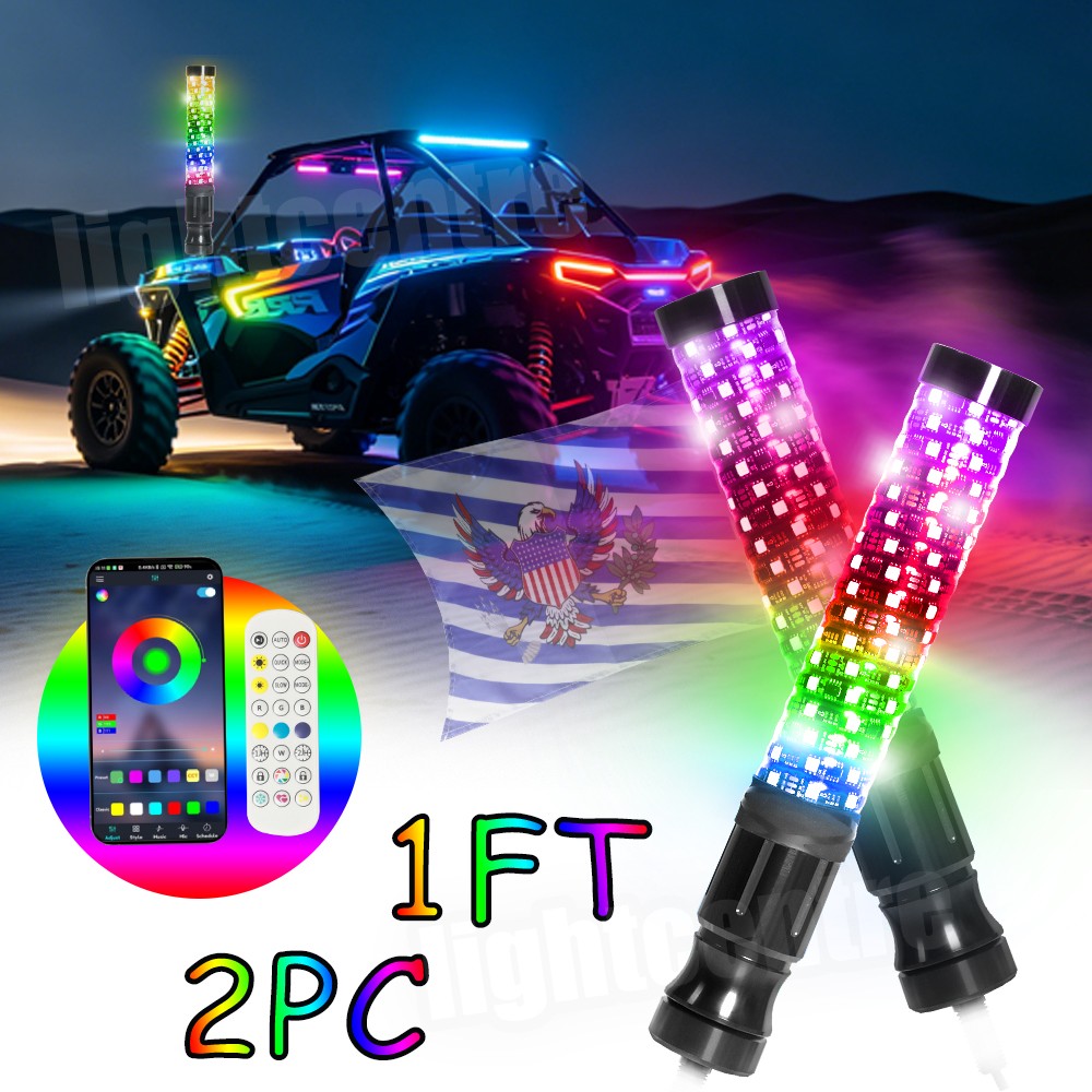 2X 1FT/2FT/3FT LED Spiral Fat Whip Lights Antenna RGB Chasing For UTV ATV 2X 1FT/2FT/3FT LED Spiral Fat Whip Lights Antenna RGB Chasing For UTV ATV