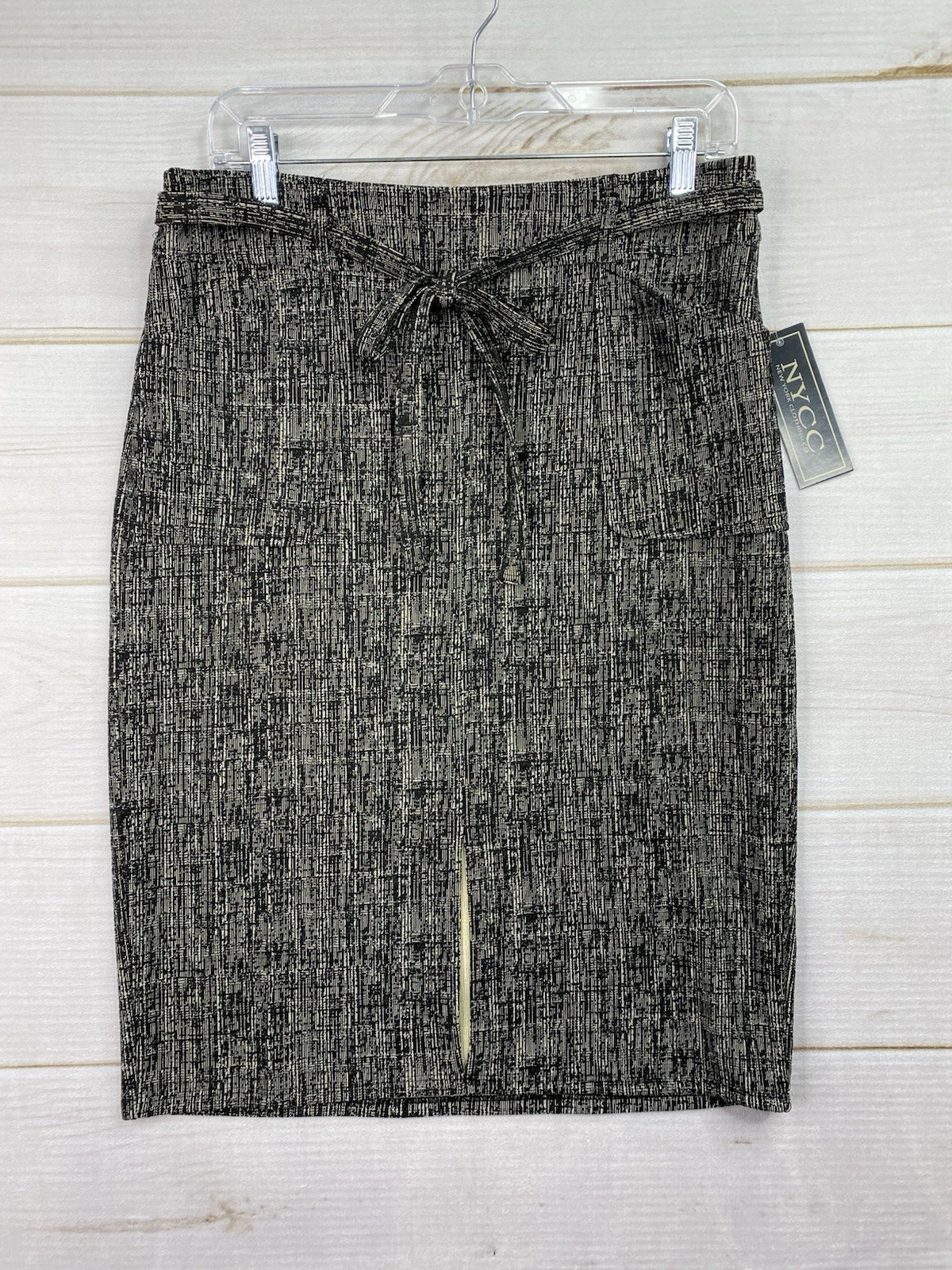 NYCC Pencil Skirt Sz M Black Tan Textured Pattern Paperbag Waist Belted Stretch