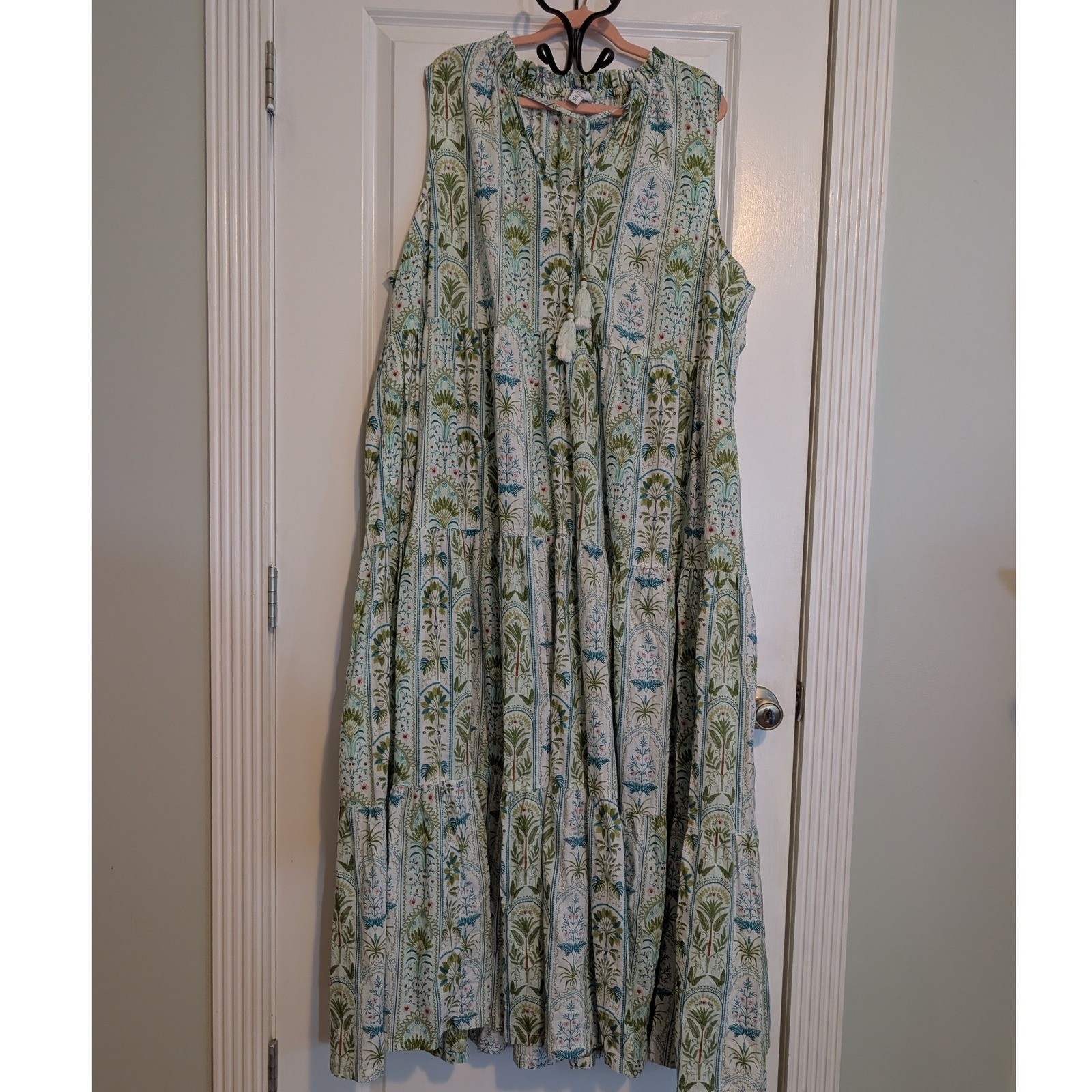 Crown & Ivy Womens 4X Maxi Dress Green Blue Tropical Tassel Tiered Cotton Gown Crown & Ivy Womens 4X Maxi Dress Green Blue Tropical Tassel Tiered Cotton Gown