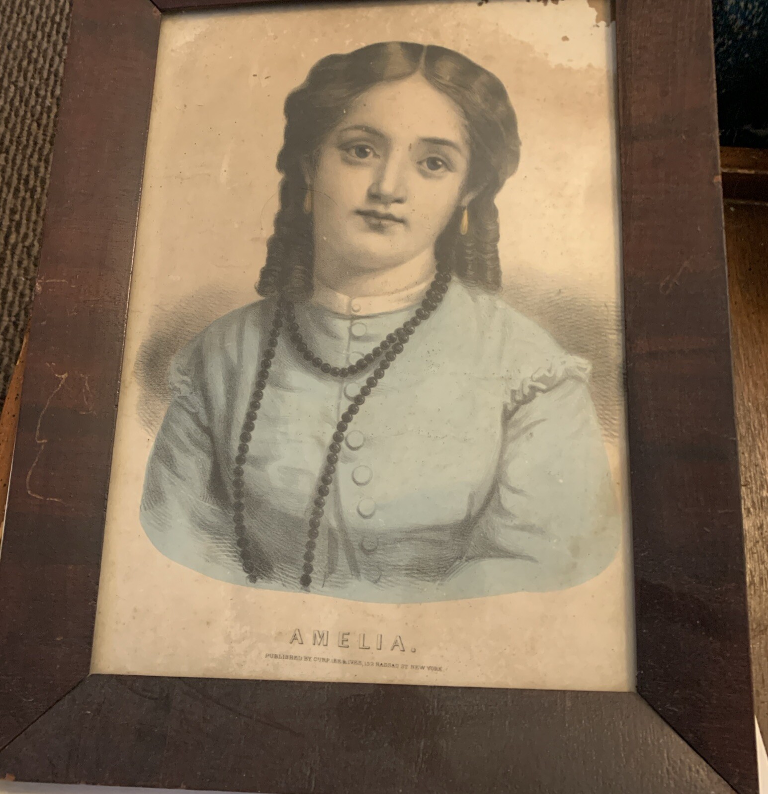 Original Currier and Ives Lithograph Amelia.  1857 to 1872 Damaged Corner Framed