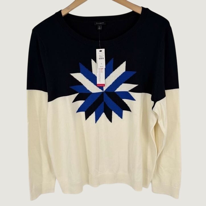 NEW Talbots Thermolite Merino Wool Star Sweater Women\'s XL Black Ivory Blue Cozy