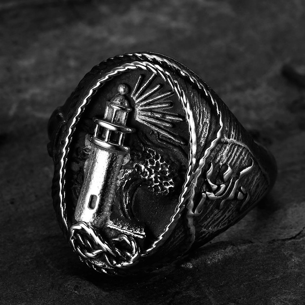 MENDEL Mens Stainless Steel Nautical Lighthouse Hourglass Marine Ring Size 7-15