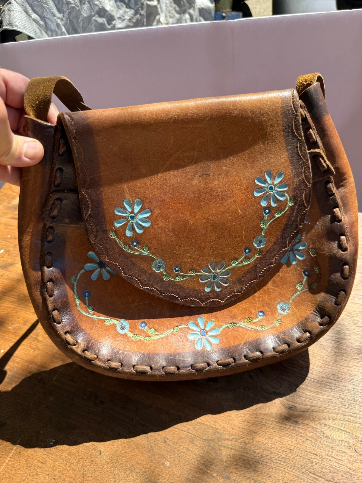 Vintage 1970s Leather Purse Painted Blue Flowers Braided Strap Boho Saddle Bag