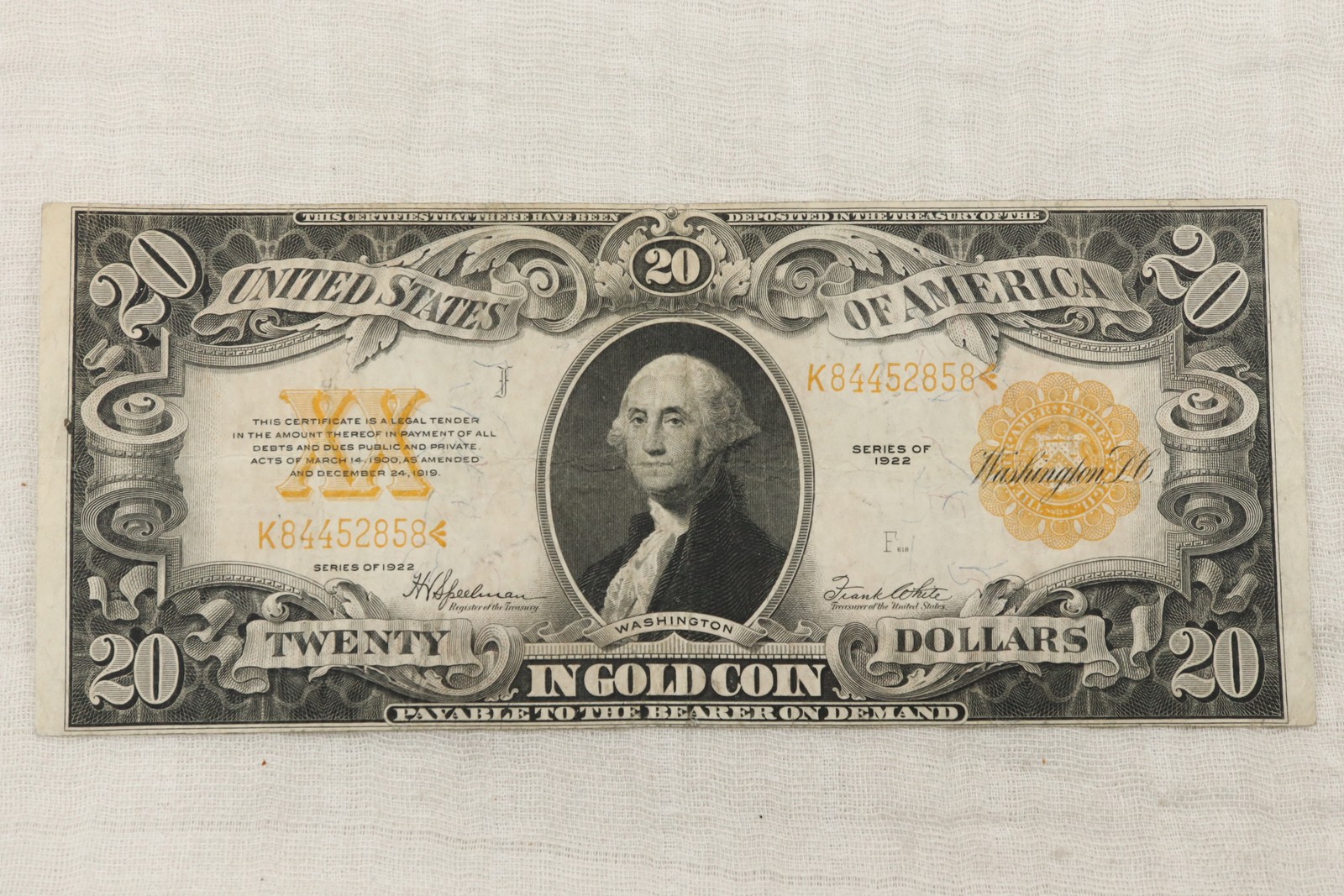 NobleSpirit (MJ) Series 1922 $20 Gold Certificate Fr #1187 Choice XF ++