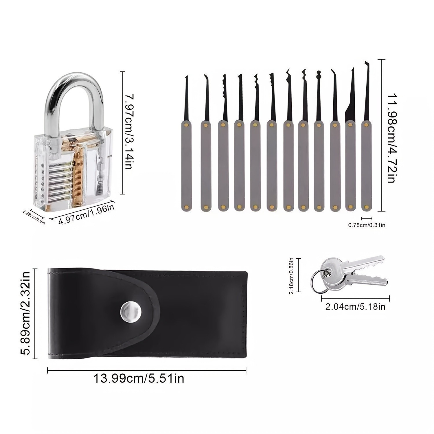 14PCS Transparent Lock Training Kit Hooks Rakes Tension Wrenches Carry Pouch Set