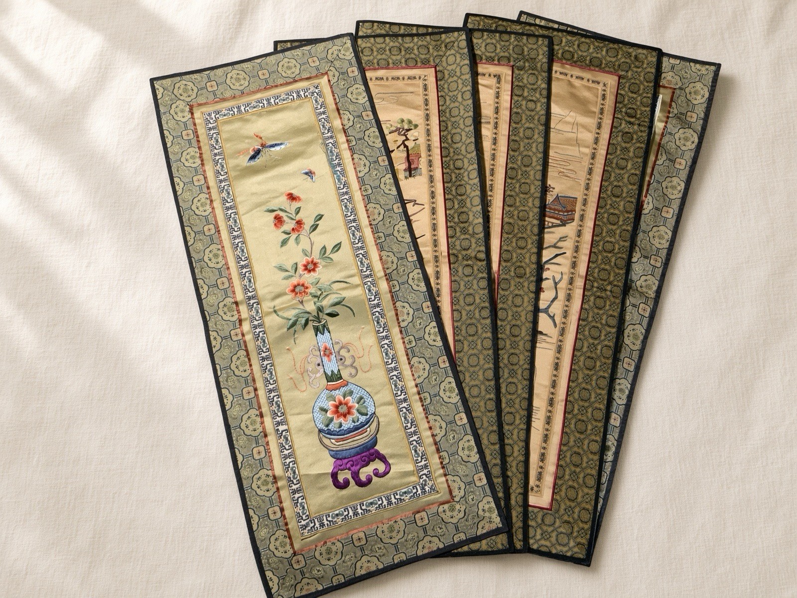 Vintage Chinese Silk Embroidery Landscape Panels Cranes Pagoda Flowers Set of 5