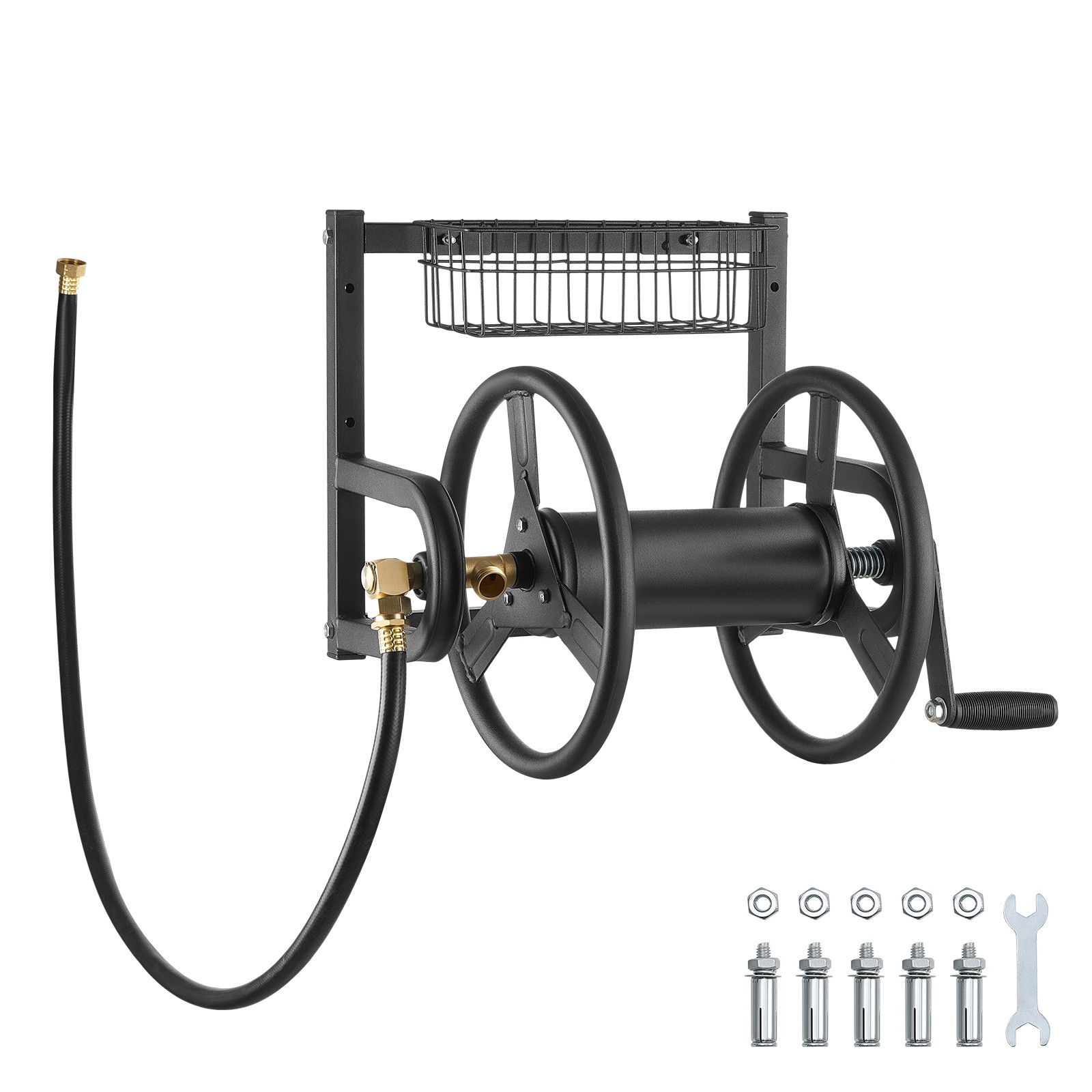 Uimoso Wall-Mount Hose Reel with 125ft 5/8in Hose,Brass Connector&Storage Basket
