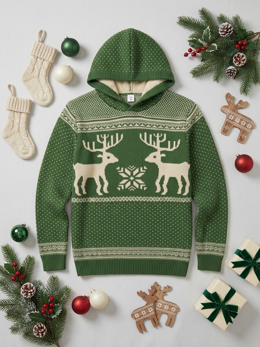 Vintage V28 Holiday Hooded Sweater Pullover Winter Layering Festive