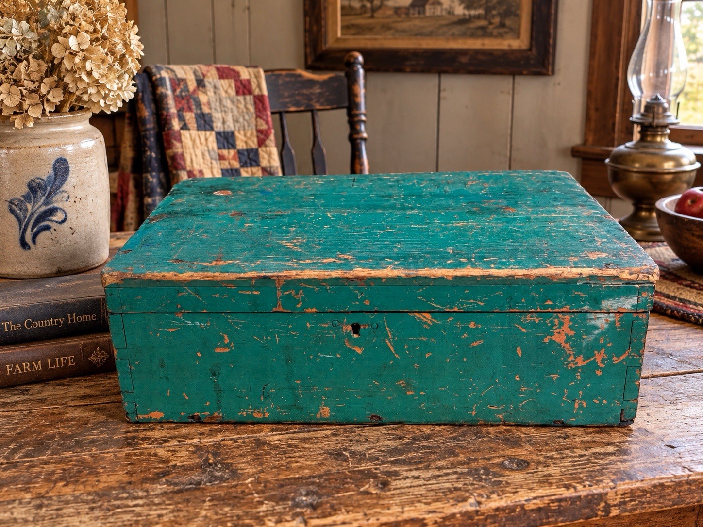 Primitive Wood Document Box Trunk Tool Box Green Paint Dovetailed Antique