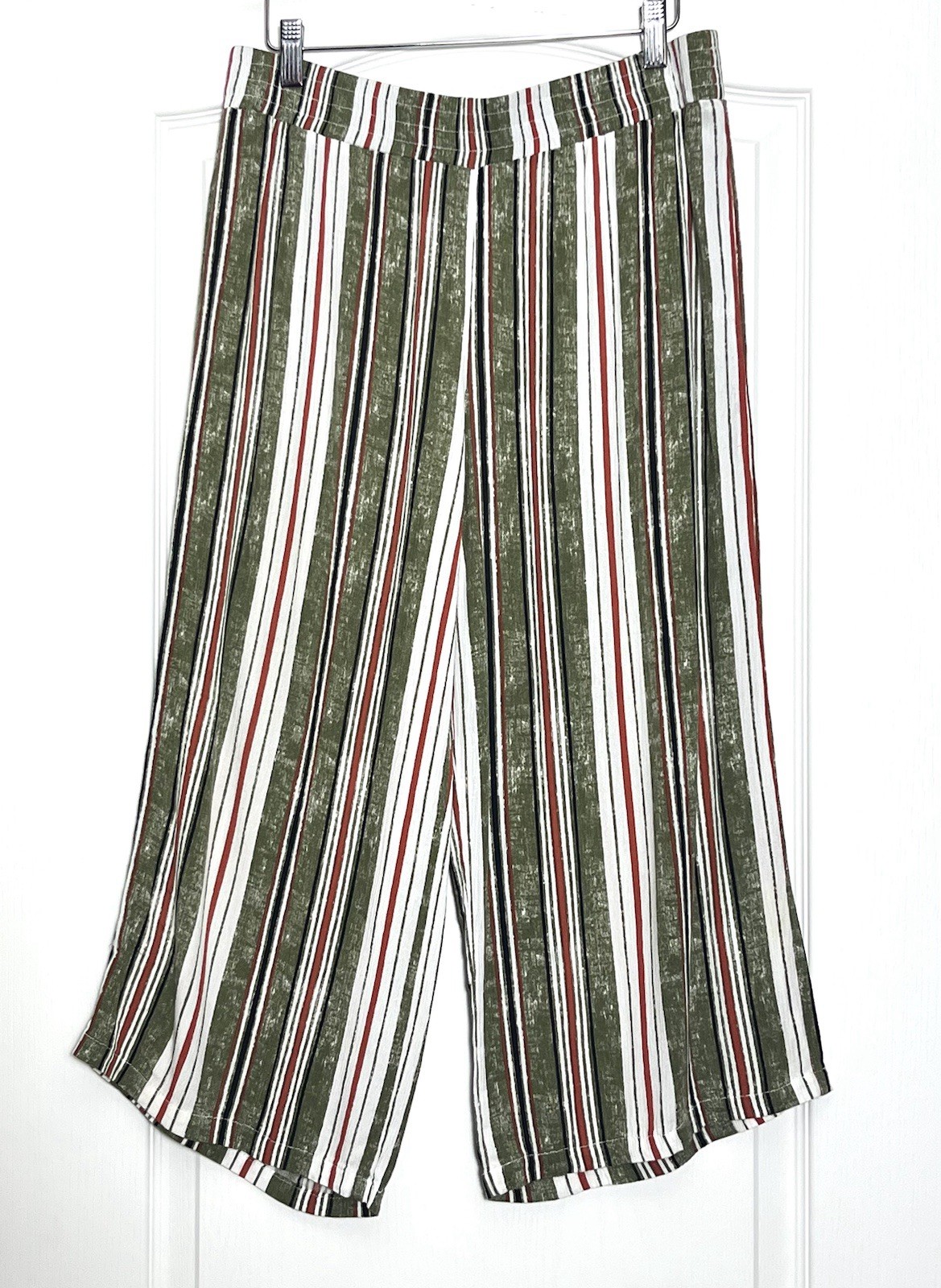 VTG AGB Striped Wide-Leg Pant Size M Green Red White Pull-On Elastic Waist Boho