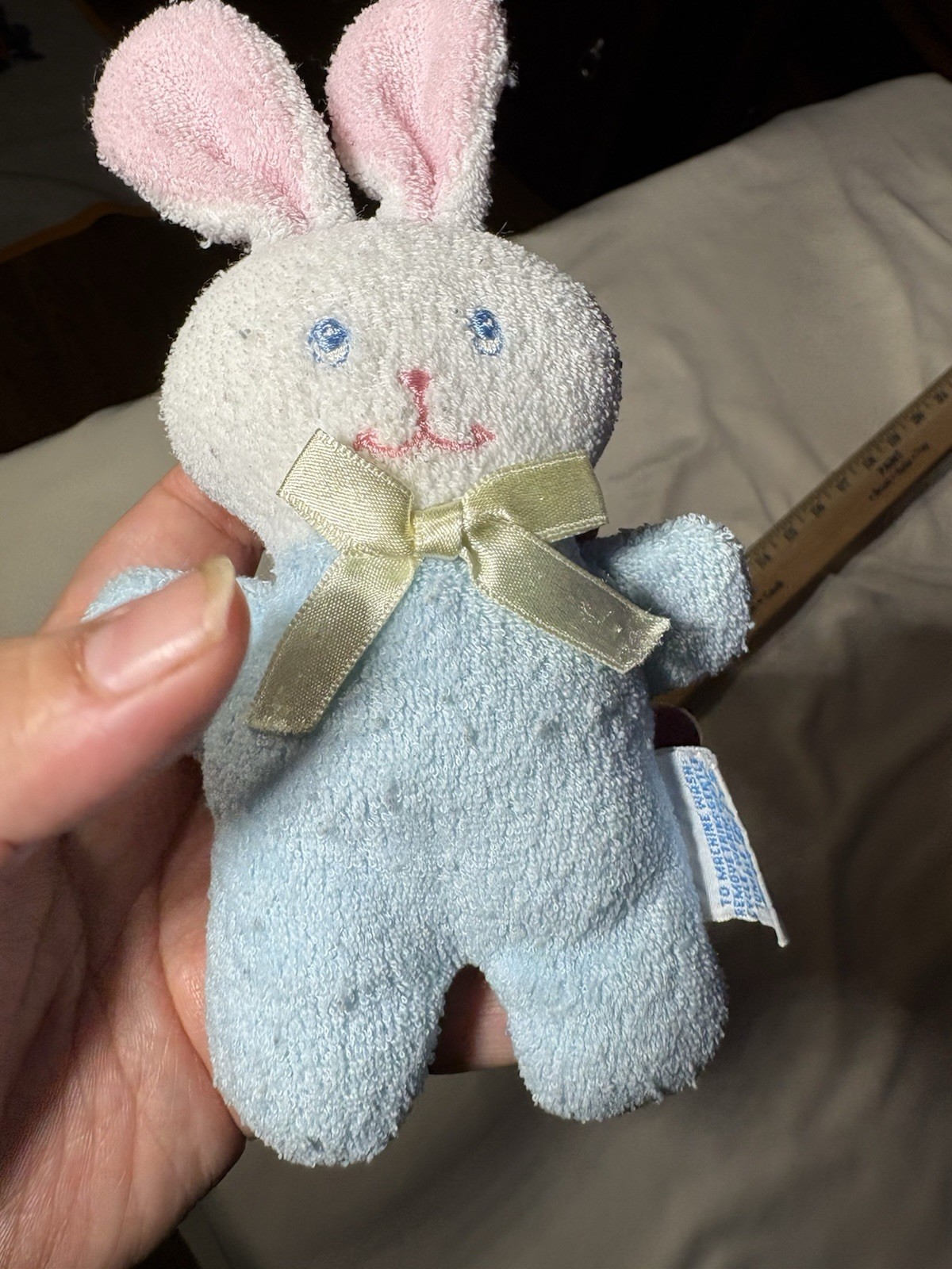 Vintage EDEN Terry Cloth Plush BUNNY Rabbit Rattle White 7” Blue Yellow Bow Mini