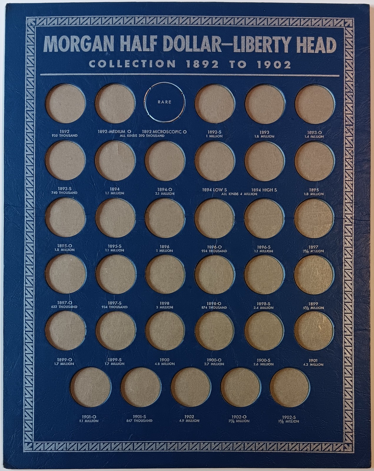 1938 Whitman Publishing Morgan Liberty Head Barber Half Dollar 365 Coin Board