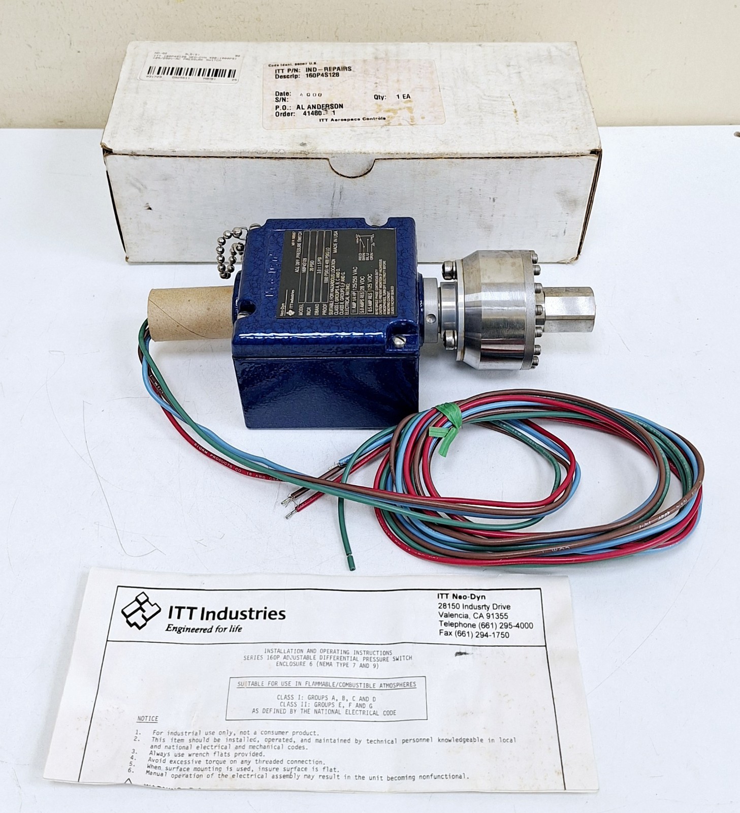 ITT Neo-Dyn 160P4S128 Adjustable Diff. Pressure Switch 20 PSID
