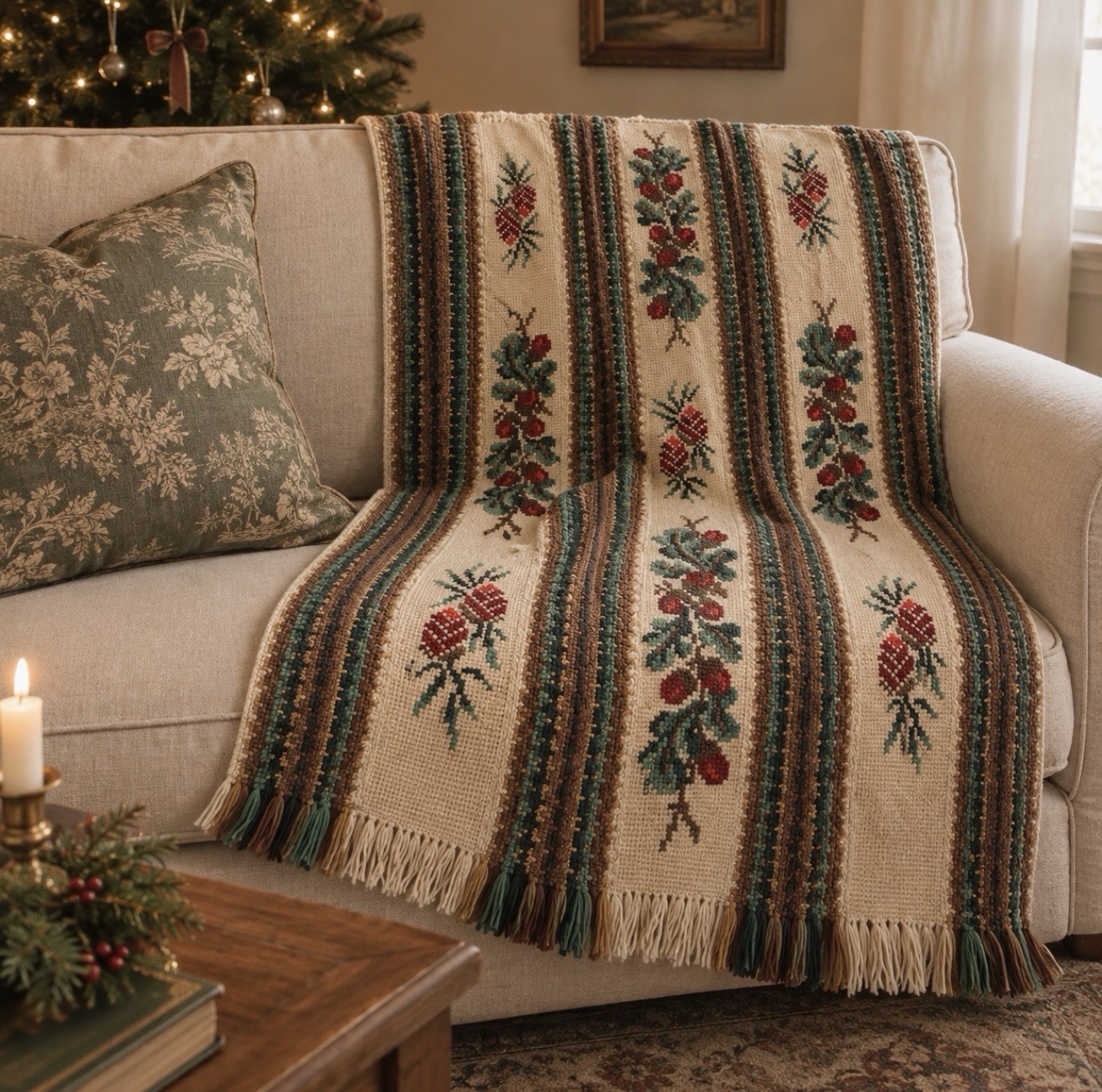 VTG Hand Crocheted Needlepoint Christmas Heirloom Afghan Blanket Cherries Acorns