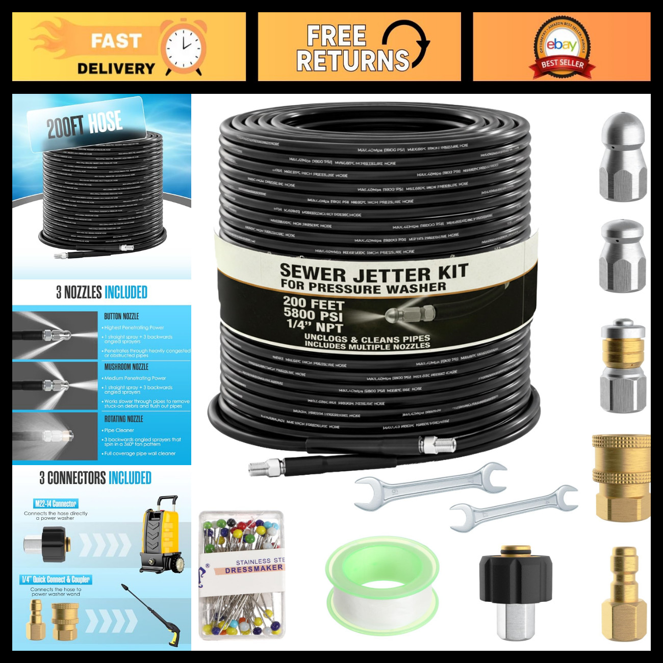High-Pressure Hydro Jetter Drain Cleaner, 200FT Hydro Jet Nozzle for Pressure Wa