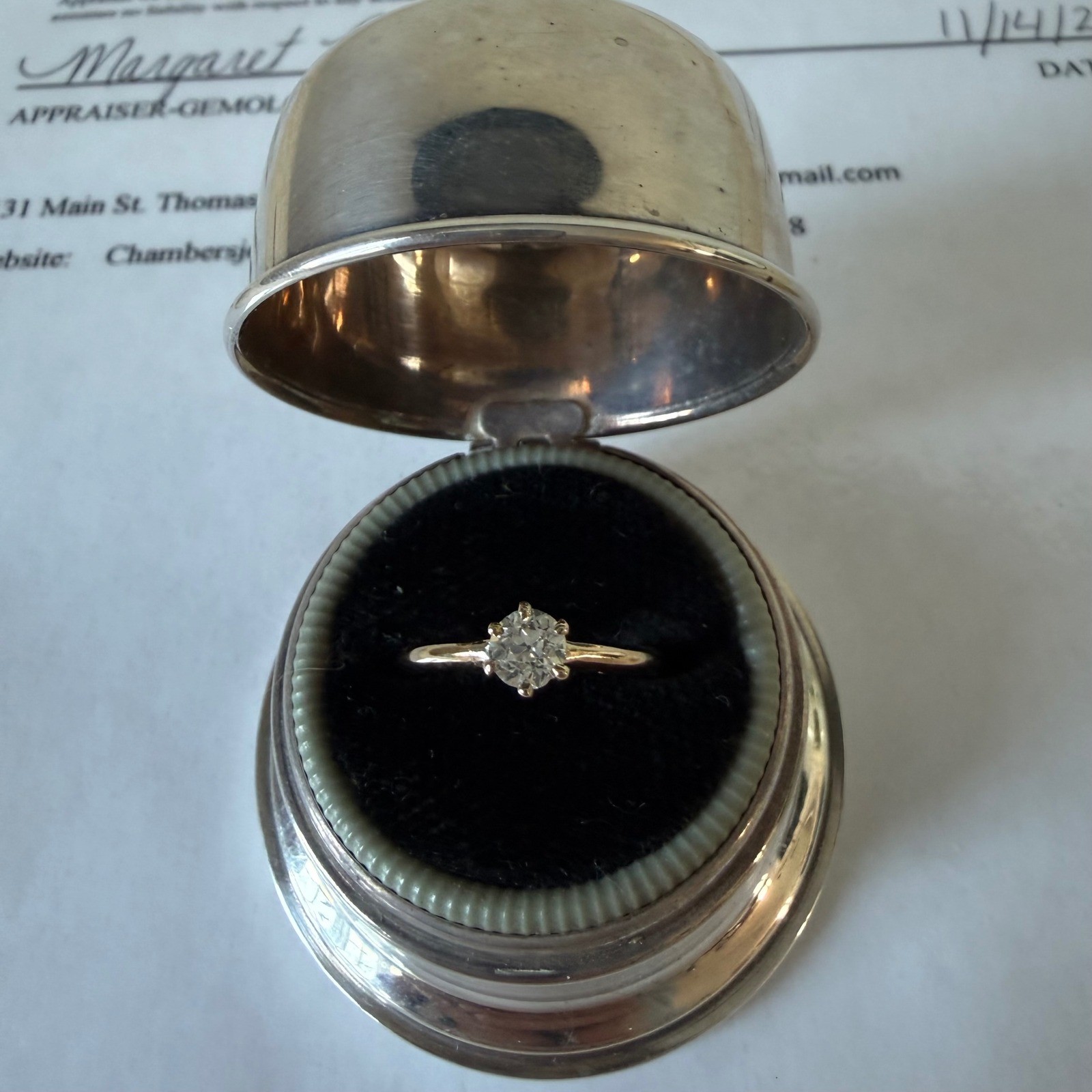 Antique European Cut Diamond Ring 0.38ct H VS1 14K Gold Solitaire W/ appraisal