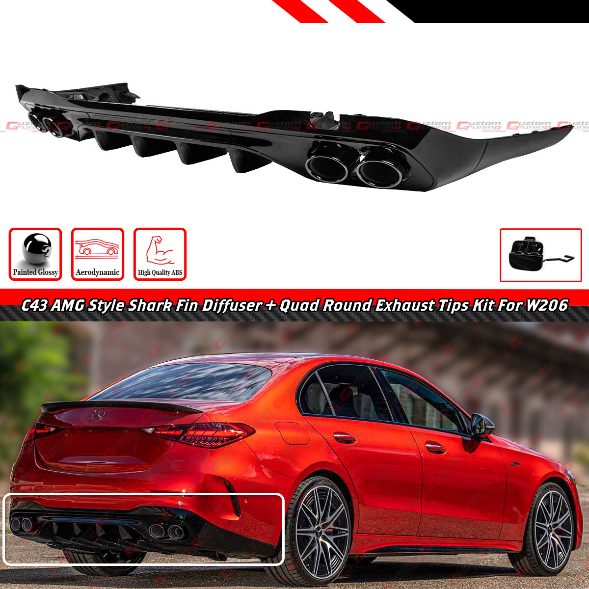 For 22-25 C200 C300 AMG W206 C43 Style Rear Diffuser W/ Blk Chrome Exhaust Tips