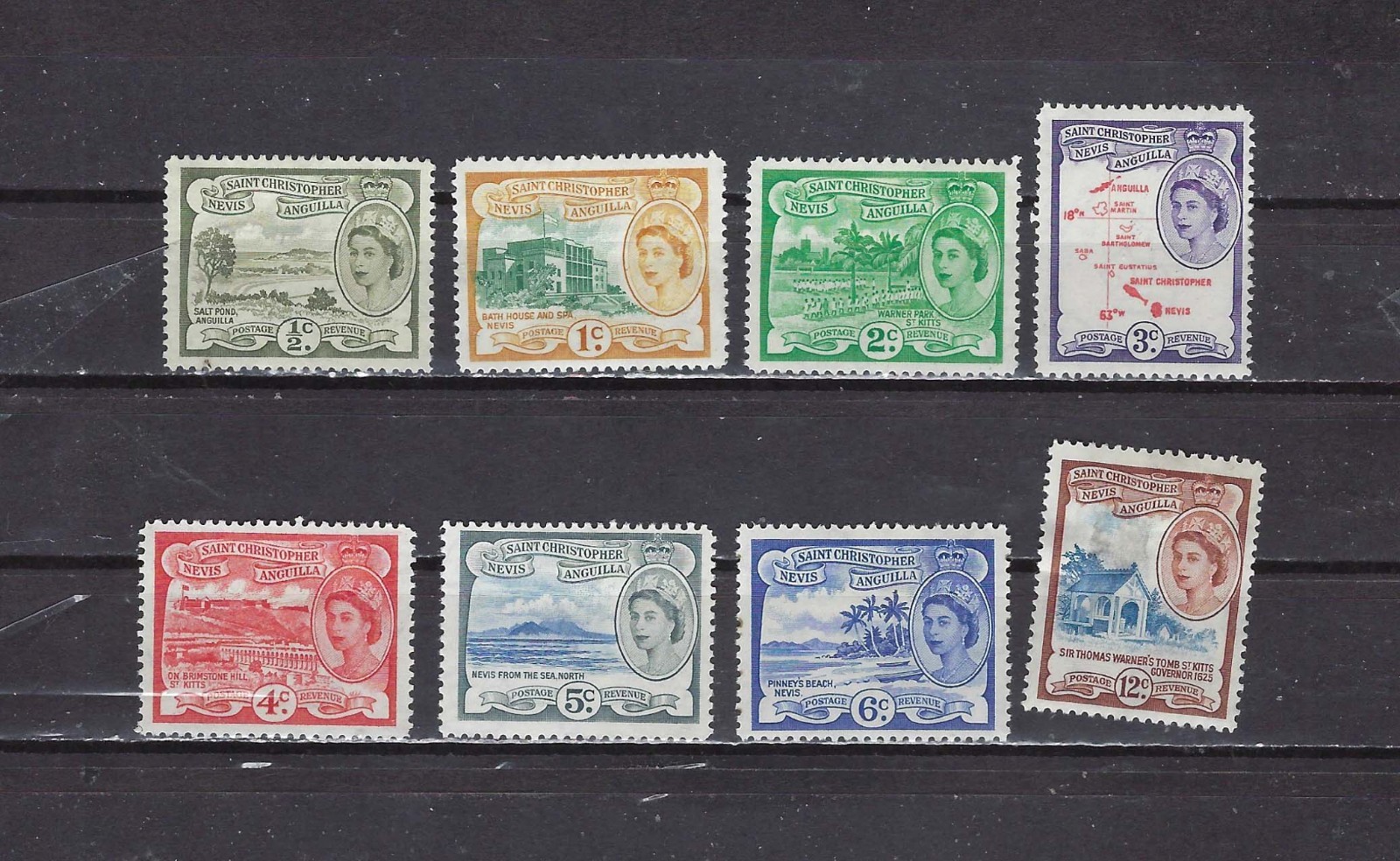ST. KITTS & NEVIS , 1954/57 , ELIZABETH II , SET OF 8 STAMPS , PERF , VLH , CV$5