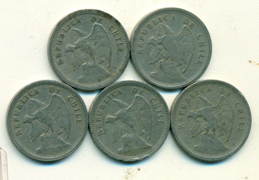 5 OLDER 20 CENTAVO COINS from CHILE (1922, 1924, 1932, 1939 & 1940) 5 OLDER 20 CENTAVO COINS from CHILE (1922, 1924, 1932, 1939 & 1940)