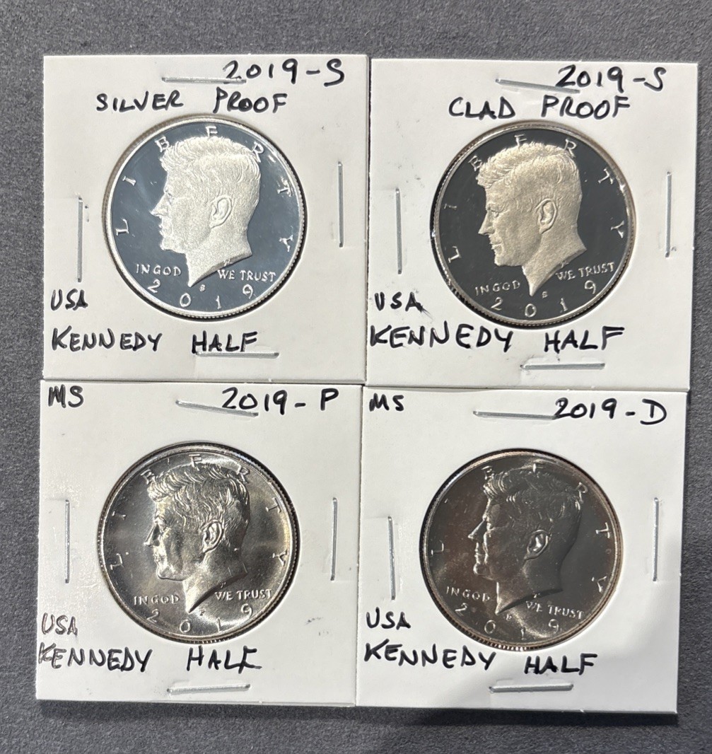 2019 P D S S Silver & Clad Proof Kennedy Half Dollar 4 Coin Lot 99.9% Silver 2019 P D S S Silver & Clad Proof Kennedy Half Dollar 4 Coin Lot 99.9% Silver