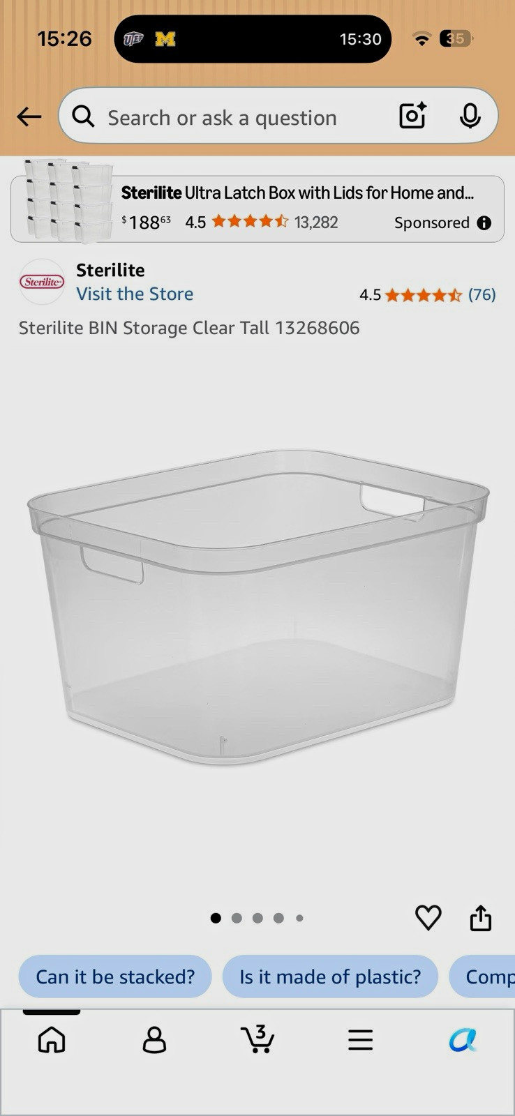 Sterilite Clear Plastic Tall Storage Bin w/ Handles  15x12-1/4x8-1/4 Set of 6