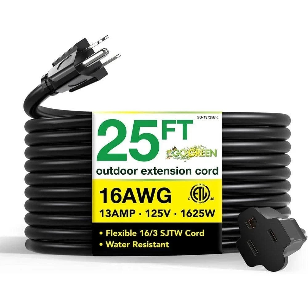 25 Ft Heavy Duty Extension Cord 16 Gauge 16/3 Outdoor Power Cord Black