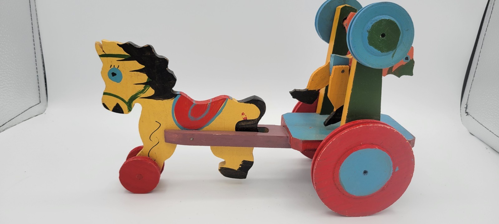 Vintage Mexican Folk Art Cart Pull Toy Horse Drawn With Acrobat