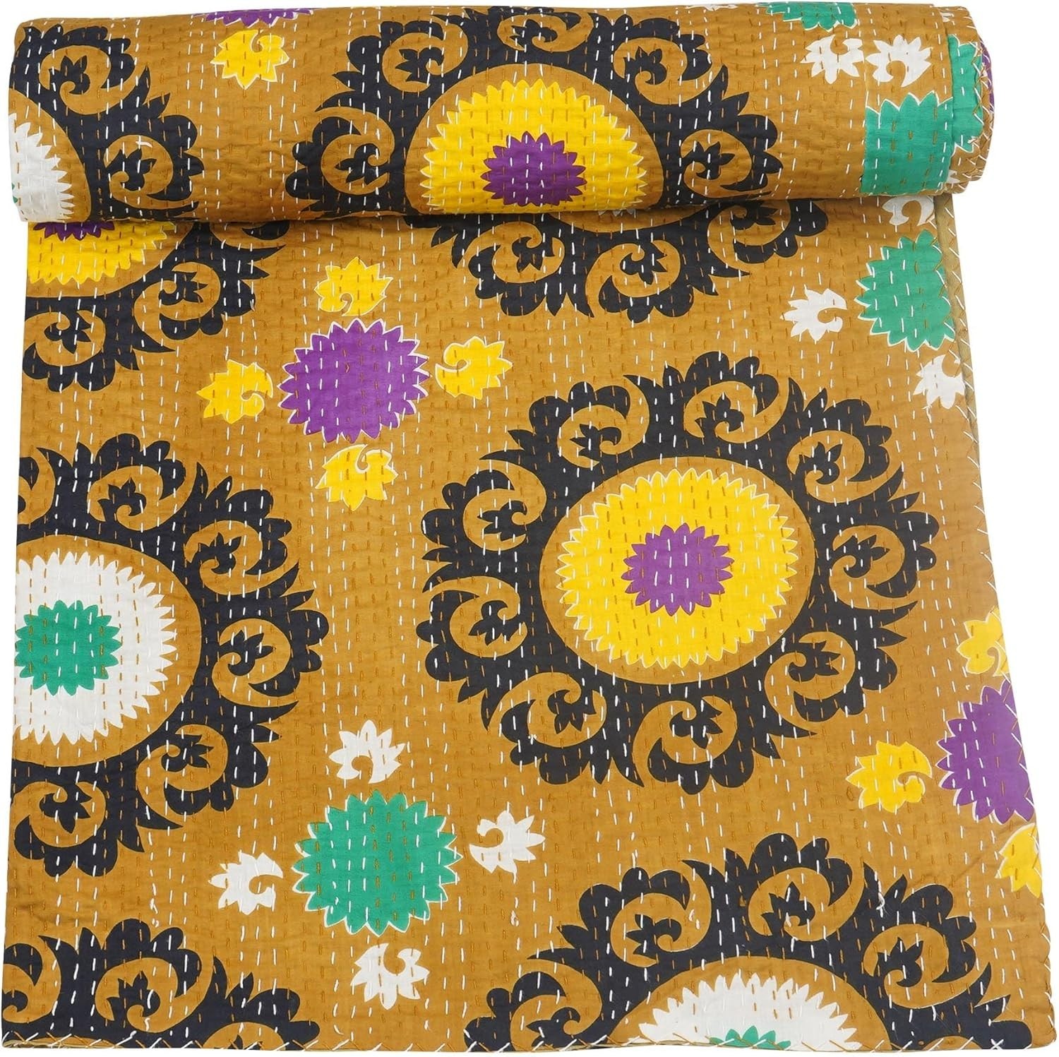 Indian Cotton Vintage Mandala Print Kantha Handmade Quilt Bedspread Blanket