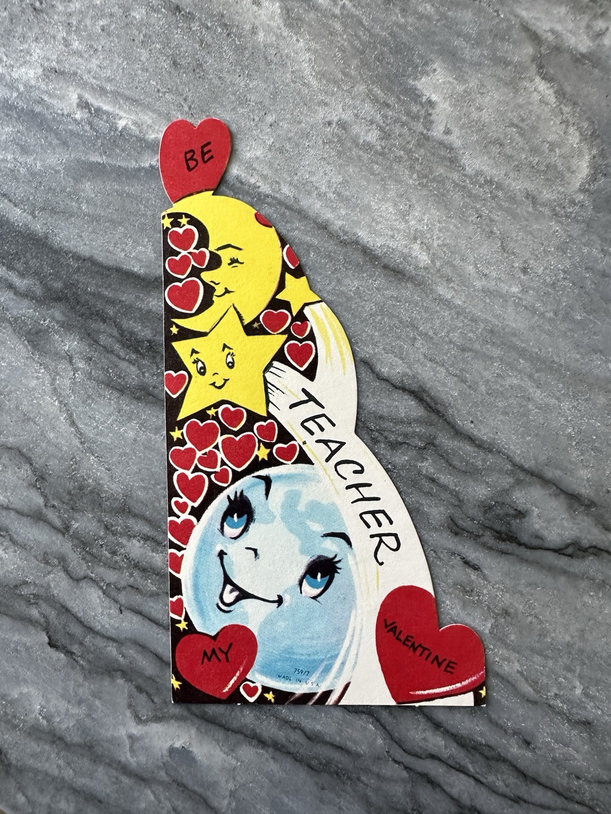 Vintage Valentine Cute Anthropomorphic Planet Earth Star Crescent Moon Heart Vtg